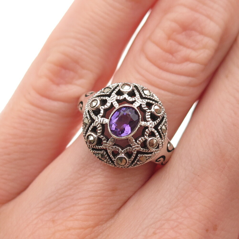 925 Sterling Silver Vintage Real Amethyst & Marcasite Floral Dome Ring Size 6